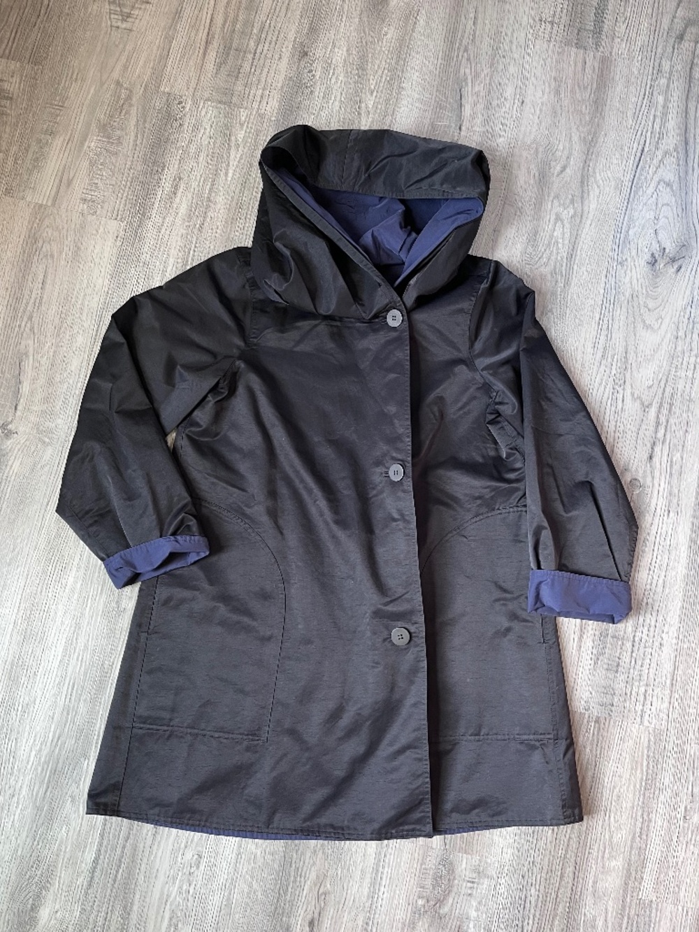 Eileen Fisher Black Purple Button Reversible Overcoat Jacket Outdoor Hoodie PM